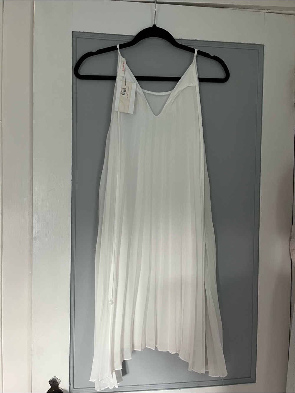 White Pleated Midi Slip Dress with Spaghetti Straps